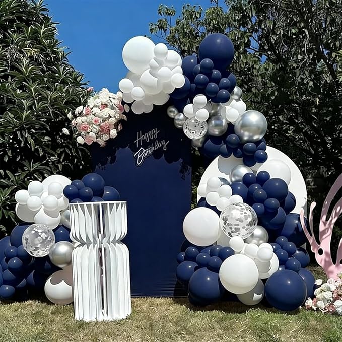 YMSZ Navy Blue and Silver Confetti Balloons, 67pcs 12 Inch Blue White and Silver Latex Balloons for Birthday Party Baby Shower Graduation Class of 2026 Prom Decorations