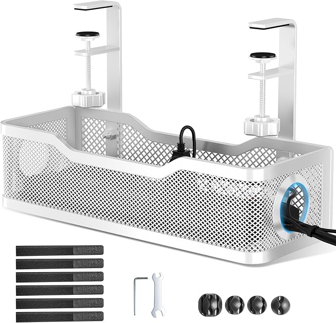 Cable Management Under Desk Tray, No Drill Cable Management Box with Clamp for Wire Organization, Cord Organizer for Office, Home - No Damage to Desk (White)