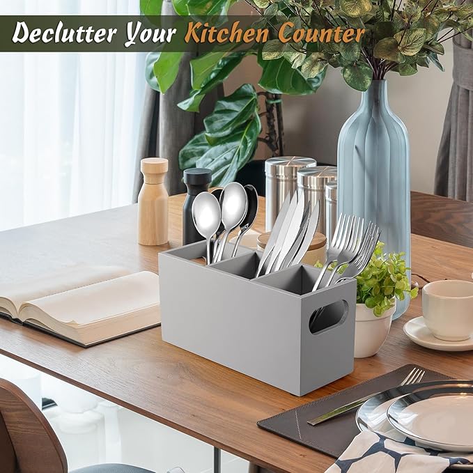 DRASTAR Wooden Silverware Caddy, Flatware Cutlery Holder, Kitchen Utensil Holder for Countertop, Silverware Organizer Containers for Party, Gray