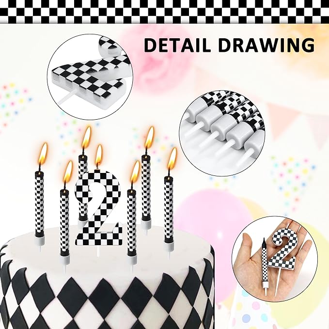 13 Pcs Racing Cars Themed Birthday Candles, Black and White Checkered Birthday Cake Candles, Numeral 2Candle Wheel Tire for Racing Car Party Decoration Theme Party Supplies
