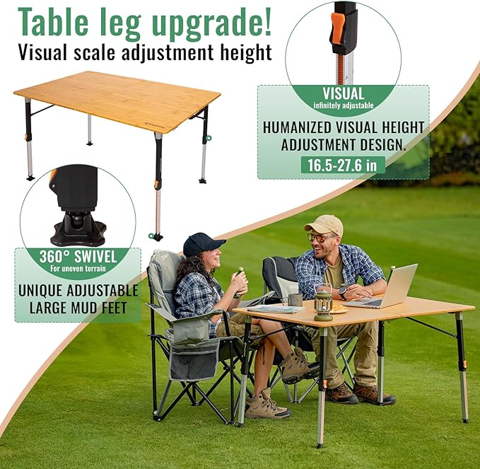 KingCamp Bamboo Folding Table, 2-Fold Camping Adjustable Height Portable Outdoor Lightweight & Compact Table with Aluminum Frame for RV Picnic BBQ