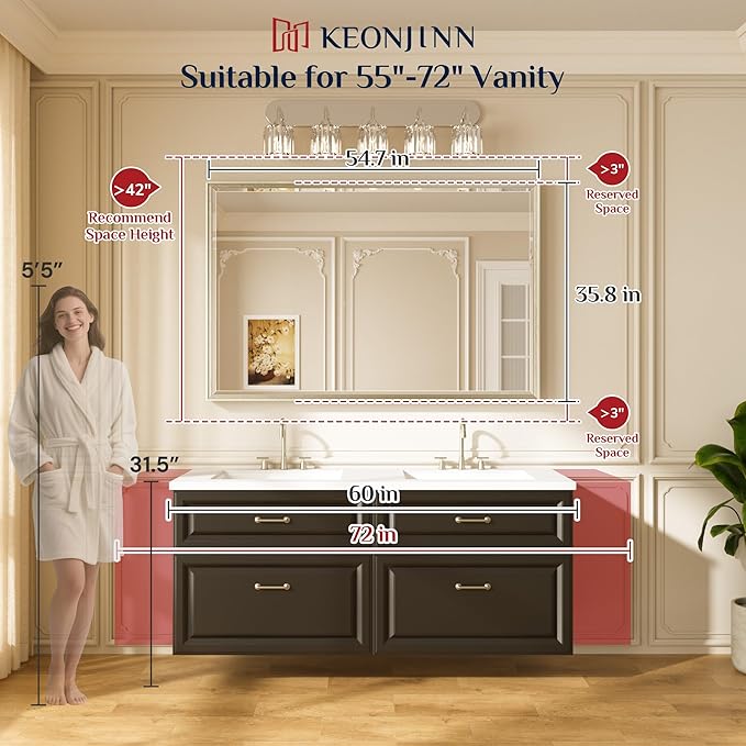 Keonjinn 55" x 36" Large Black Bathroom Mirrors for Over Sink, Aluminum Alloy Frame Square Corner, Beveled Tempered Glass, Shatterproof, Modern Farmhouse Black Bathroom Vanity Mirror for Wall