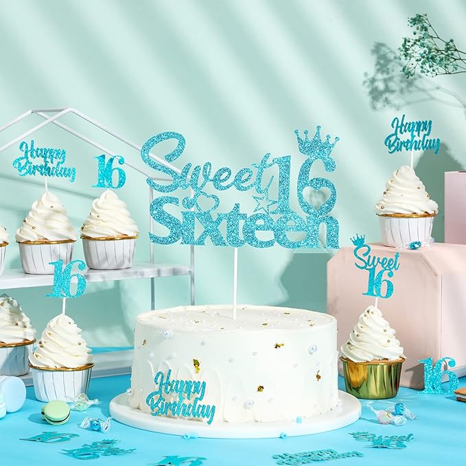 25 Pack 16th Birthday Cake Decorations, Sweet 16 Sixteen Cake Topper, Happy Birthday Sweet 16 Cupcake Toppers Teal Turquoise Blue for Boys Girls Happy 16th Birthday Party Supplies