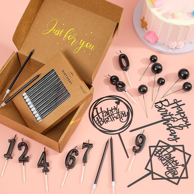 PHD CAKE 46 Pcs Black Birthday Candles, 10 Cake Number Candles, 9 Ball Cake Toppers, 3 Birthday Cake Toppers, Party Celebration