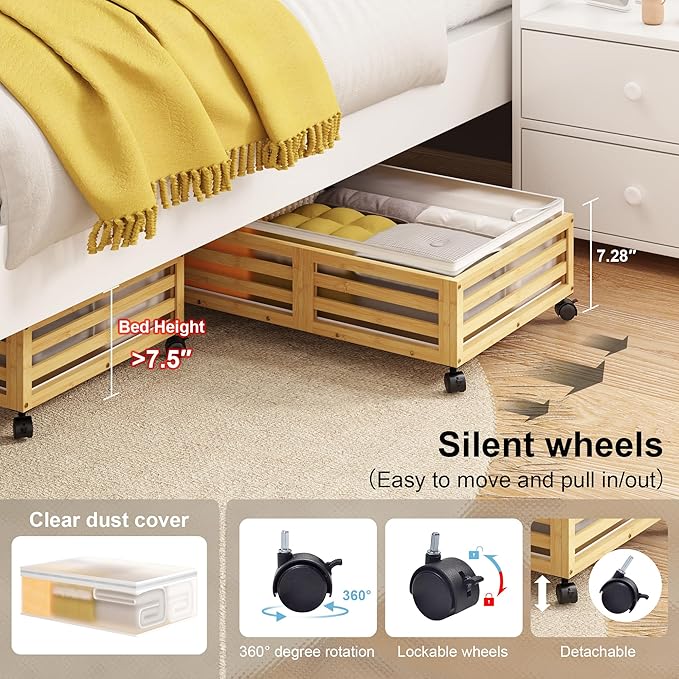 Under Bed Storage Containers With Wheels - 2 Pcs Bamboo Wood Rolling Underbed Shoe Storage Bins With Dust Bags for Clothes Blankets, Duvet Covers Snacks Toys (Natural)