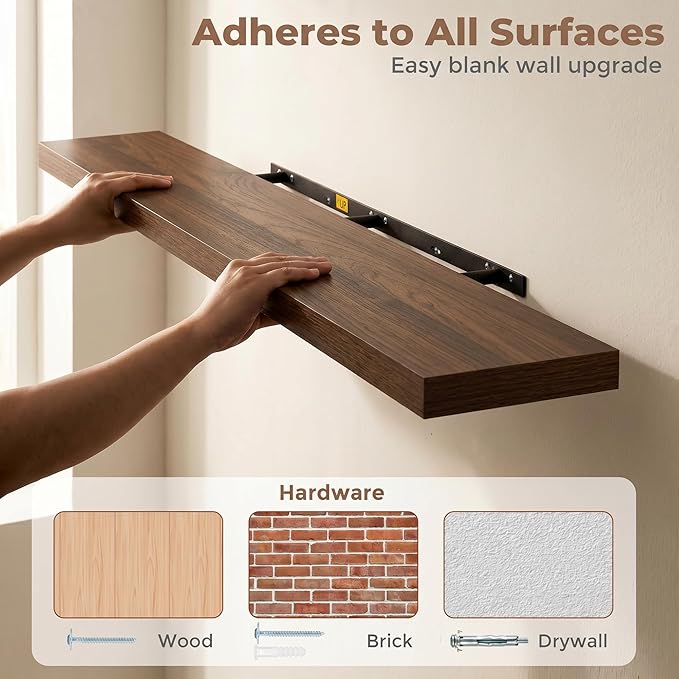 Venusmiles Floating Shelves for Wall, 48 Inch Floating Shelves Set of 1, 6.5" D Wooden Wall Mounted Display Shelves with Invisible Brackets for Living Room, Bedroom, Bathroom, Kitchen Decor, Walnut