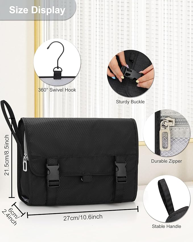 Relavel Travel Hanging Toiletry Bag for Men Women Travel Kit Shaving Bag Waterproof Large Makeup Bag Wash Bag Makeup Organizer Cosmetic Case for Bathroom Shower Black