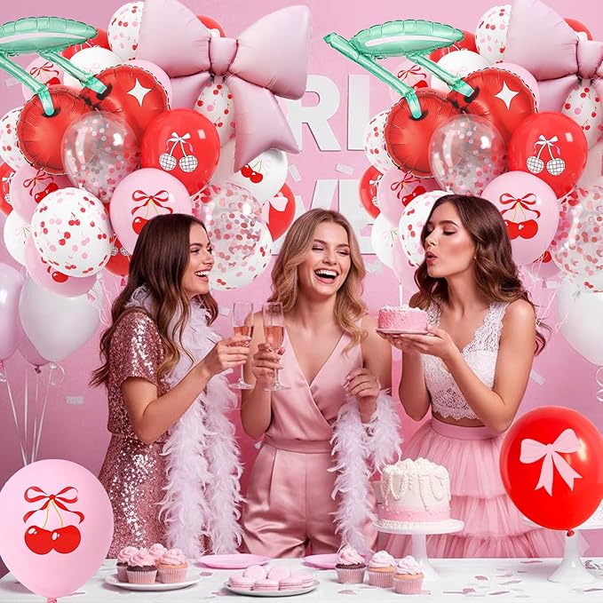 Cherry Balloons, 12 Inch Cherry Party Decorations Red Pink White Print Latex Balloons with Cherry Bow Foil Balloon for She is Cherry on Top Birthday Wedding Fruit Party Decorations