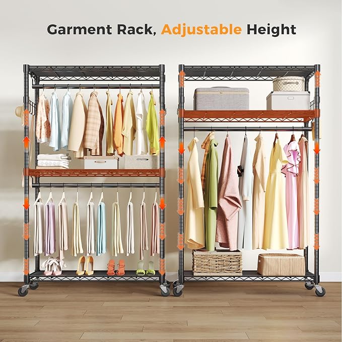 NEWBULIG Heavy Duty Adjustable Clothes Rack with Wheels, Adjustable Rolling Metal Freestanding Garment Closet Organizer with Double Rods & 2 Side Hooks for Hanging Clothes, 47"x17"x80", Black