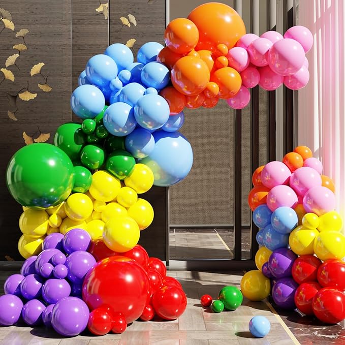 Rainbow Colorful Balloons Arch Kit, 131pcs Red Blue Green Yellow Party Balloons Garland with Different Size for Birthday, Baby Shower, Anniversary Party Decorations