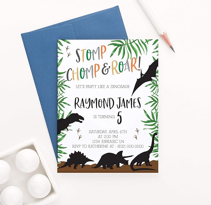 Modern Pink Paper Dinosaur Birthday Invitation for Boys, Dinosaur Invitations for Kids Party, Your choice of Quantity, Age, Info and Envelope Color