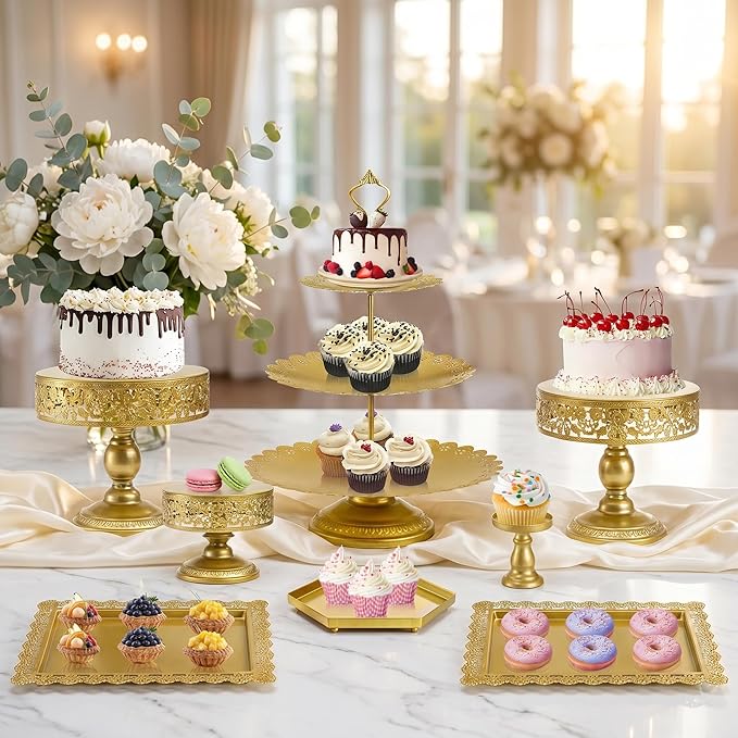 Jucoan 10 Pieces Gold Metal Cake Stand Set, Cupcake Holder Pastry Candy Fruits Serving Plate, Gold Dessert Table Stands and Trays Set for Wedding Birthday Baby Shower Bridal Shower Tea Party
