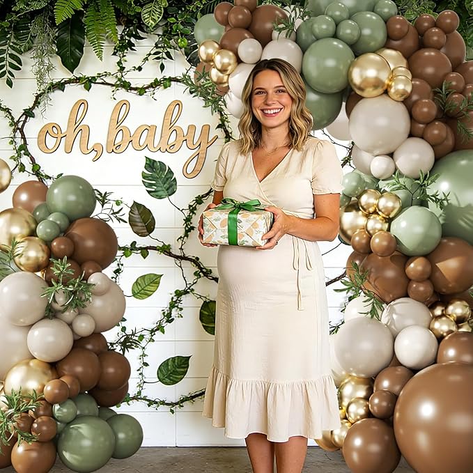 Sage Green Brown Balloon Arch Kit, 124Pcs Brown Green Sand White Gold Balloons for Safari Woodland Dinosaur Jungle Theme Baby Shower Wedding Birthday Party Decorations