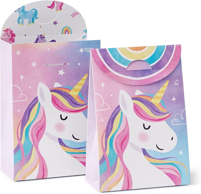 Big Dot of Happiness Unicorn Favor Boxes, Rainbow Happy Birthday Decorations, Magical Unicorn Party Goodie Gift Bags - Set of 12