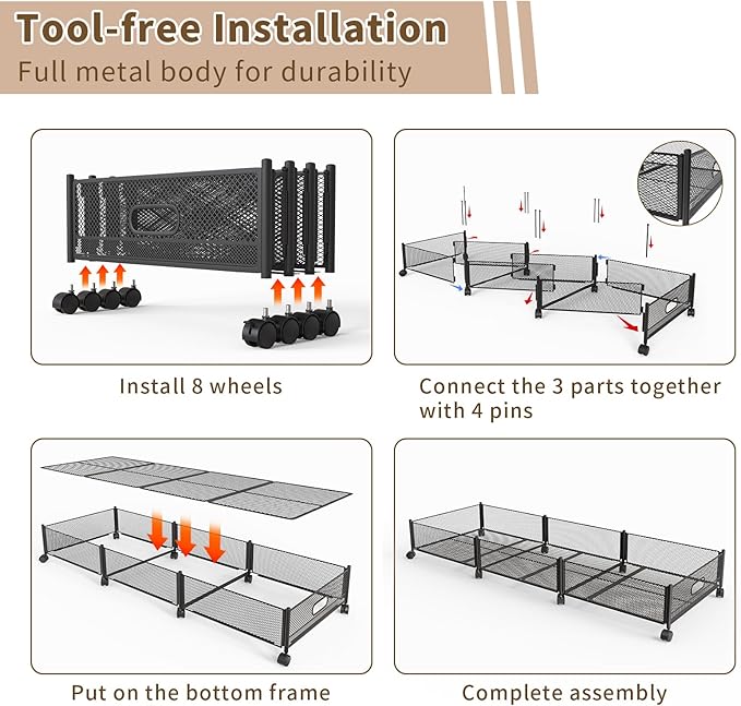 47.2'' Long Under Bed Storage on Wheels, 57.6L Large Capacity Rolling Under the Bed Storage Containers, Tool-Free Assembly Foldable Underbed Shoes Clothes Toy Drawers