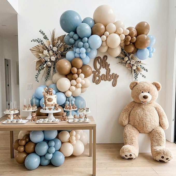 60pcs Dusty Blue Brown Balloons, 12 Inch Slate Blue Light Blue Coffee & Cream Balloon Kit for Bear Baby Shower Gender Reveal Boho Birthday Party Decorations (Ribbon & Glues)