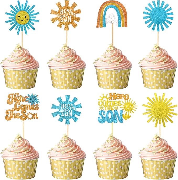 Here Comes the Son Cupcake Toppers, 24 PCS Here Comes the Son Baby Shower Decorations, Glitter Sun Themed Cupcake Party Decorations, Cupcakes Picks Food Picks for Baby Shower Party, Birthday, Wedding
