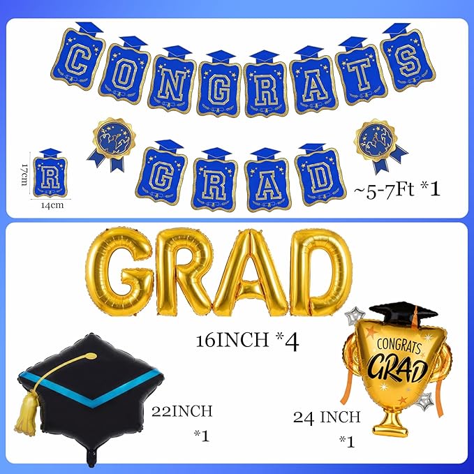 Royal blue Gold Balloons GRAD Print Balloons with Banner Table Honeycomb Centerpieces Hanging Swirl Graduation Cap trophy GRAD Letters Mylar Balloons for 2026 graduate Prom Decorations