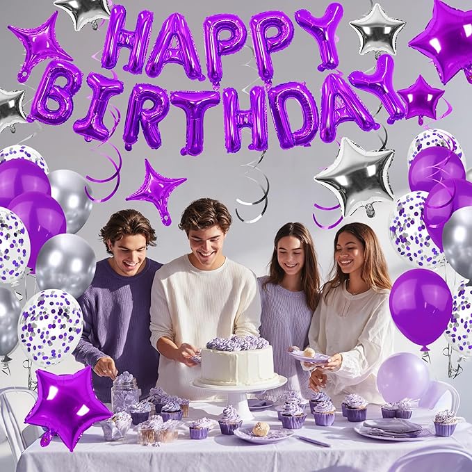 56 PCS Happy Birthday Balloons Happy Birthday Banner Purple and Silver Balloons for Boys Men Girls Women 16th 18th 20th 21st 25th 30th 40th 50th 60th Birthday Party Decorations