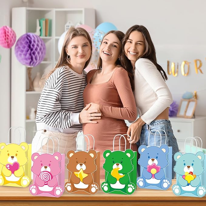 MinFyberd Cute Bear Party Favor Bags Cute Bears Paper Gift Bags with Handle Bear Goodie Candy Treat Bag Colorful Bears Birthday Party Decorations for Boy Girl Kids Birthday Baby Shower Supplies(12Pcs)