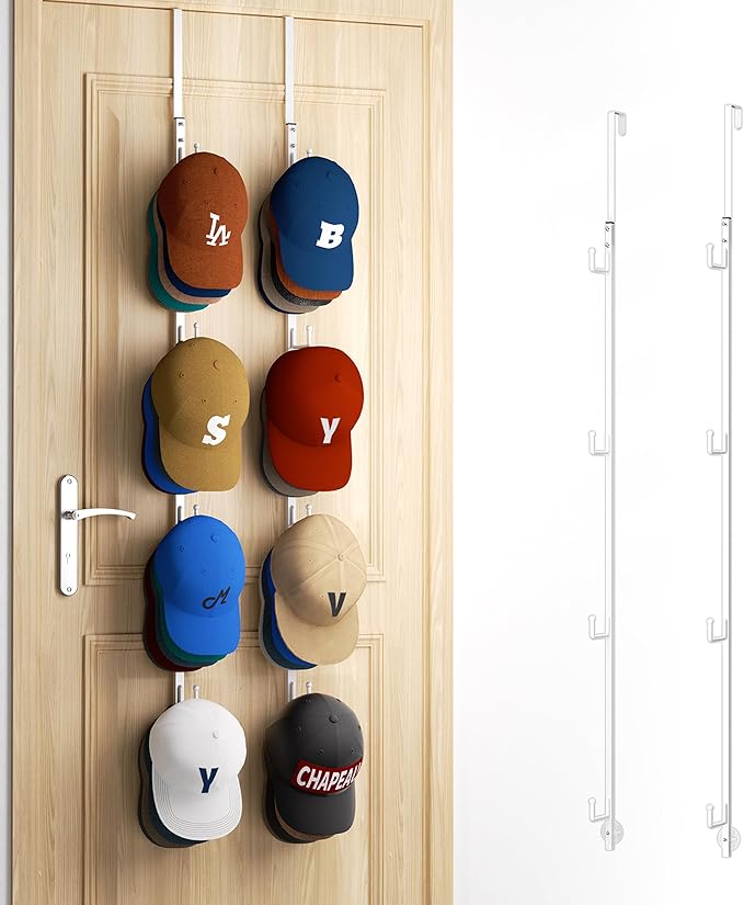 HapiRm Over Door Hat Rack - 2 Packs Hat Organizer with 8 Hooks Design, Hanging Baseball Cap Organizer Storage Holds Up to 40 Caps for Door, Bedroom, Closet (White)