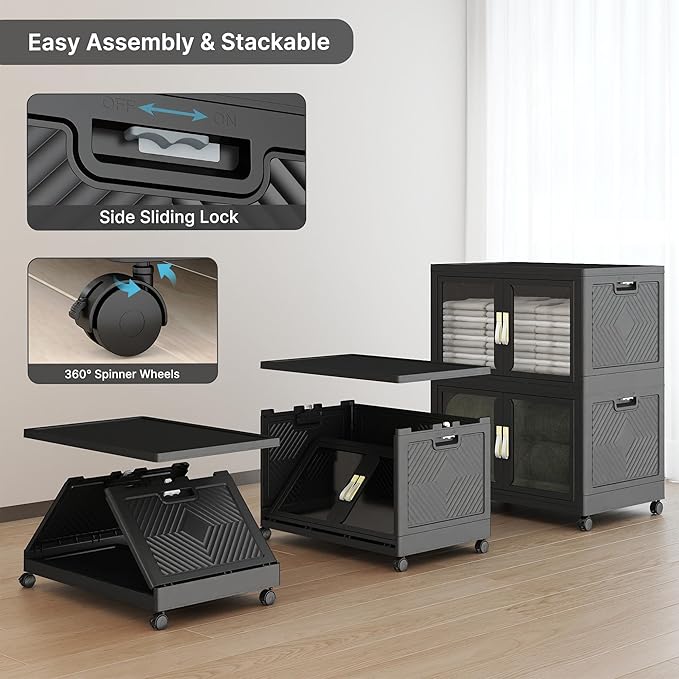 UAMFURI Stackable Storage Bins with Lids, Clear Doors, Large Storage Cabinet Foldable Collapsible Closet Organizers for Bedroom Dorm Office (2, Black, 160, Quarts)