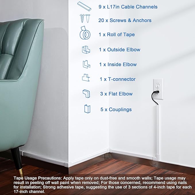 153in Wall Cable Hider, Cord Hider to Hide 3-4 Cords, TV Wire Hider for Wall, Cable Management Kit, Cable Raceway White, Paintable Cable Concealer, 9 x L17in x W1.18in x H0.6in