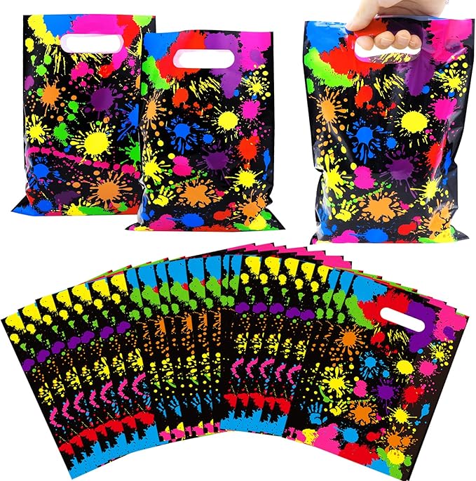 Neon Party Favors Gift Bags 50 Pcs Art Paint Splatter Colorful Goodie Bags Plastic Candy Treat Bags with Handles for Birthday Shower Neon Retro 80's 90's Theme Party Supplies Decorations