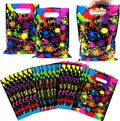 Neon Party Favors Gift Bags 50 Pcs Art Paint Splatter Colorful Goodie Bags Plastic Candy Treat Bags with Handles for Birthday Shower Neon Retro 80's 90's Theme Party Supplies Decorations