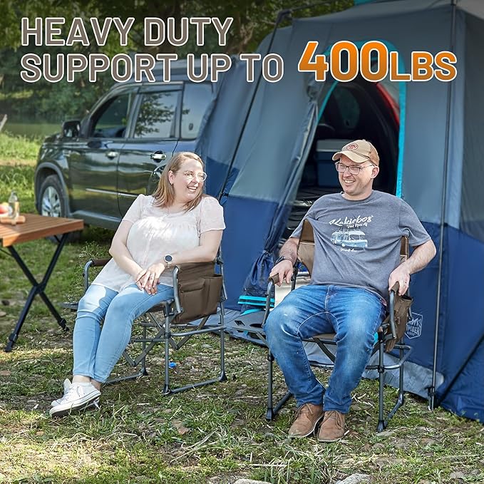 Timber Ridge Aluminum Camping Directors Chair with Side Table Pocket, Portable Folding Chair, Heavy Duty Lawn Chair for Fishing Trip Picnic Concert Outdoor 400lbs, Tan