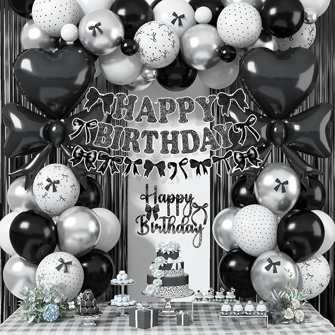 Black Bow Birthday Party Decorations, Coquette Bow Black and White Silver Balloons with Mini Bows Decor Happy Birthday Banner Fringe Curtain for Women Girls Bows Theme Bachelorette Baby Shower Party