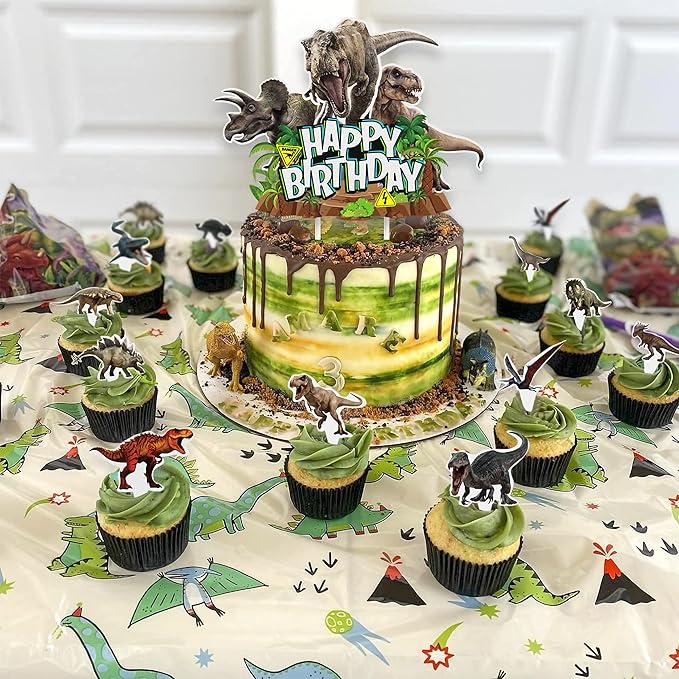 Dinosaur Cake Toppers & Decorations - 49 Pcs, Cupcake Wrappers, Baby Shower & Kids Party Supplies