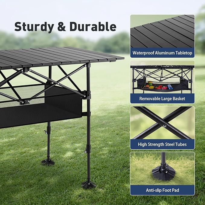 ALPHA CAMP Folding Camping Table, Portable Roll-up Table with Adjustable Height, Large Storage Bag and Carrying Bag, Tall Aluminum Table for Indoor & Outdoor Picnic BBQ Backyards Beach