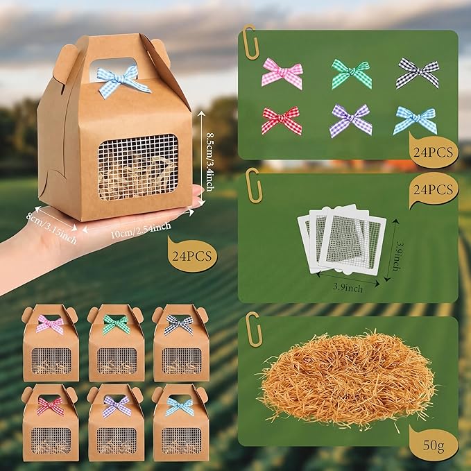 Maitys Chicken Birthday Party Favor Boxes Farm Animal Foldable Chicken Box with Raffia Grass Bow Paper Treat Goodie Boxes for Adopt Chick Party Birthday(Classic,3.94'' X 3.35'' X 3.15'',24 Pcs)
