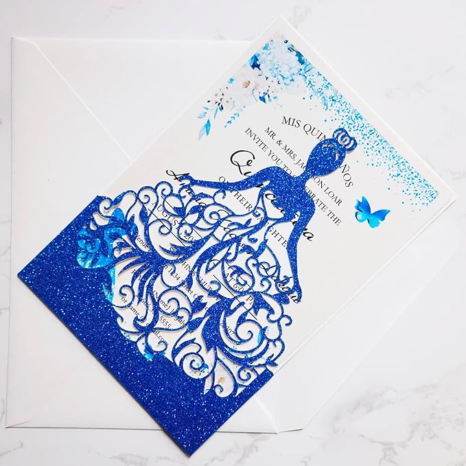 50PCS 5 x 7.3'' Personalized Quinceanera Invitations, Laser Cut Girl Princess Invitation Card Kit with Envelopes for Birthday Party, Quinceañera, XV Años, Mis Quince, Sweet 16 (Royal Blue Glitter)