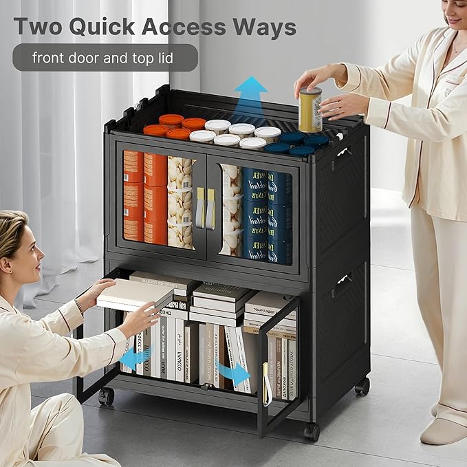 UAMFURI Stackable Storage Bins with Lids, Clear Doors, Large Storage Cabinet Foldable Collapsible Closet Organizers for Bedroom Dorm Office (4, Black, 120, Quarts)