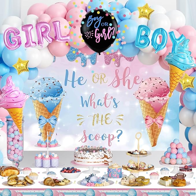 Whats The Scoop Gender Reveal Decorations, Ice Cream Boy or Girl Party Supplies, Pink and Blue Backdrop Banner Balloon Tablecloth Plate Napkin Cup Straw Knife Spoon Fork Sash 230 PCs