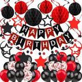 ZERODECO Black Red Birthday Decorations, Happy Birthday Banner with Honeycomb Ball, Hanging Swirl Streamer, Garland, Balloon Happy Birthday Party Decorations for Women Men Boys Girls
