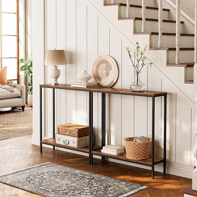 HOOBRO 29.5" L Narrow Console Table, Sofa Table Behind Couch with 2-Tier Storage Display Shelves, 8.7" D Small Entryway Table for Hallway, Foyer, Living Room, Bedroom, Rustic Brown and Black BF22XG01