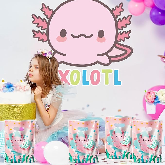 3sscha 50Pcs Axolotl Party Favor Bags Amphibian Themed Waterproof Goodie Bag with Die Cut Handles Reptile Animals Water Plants Plastic Candy Gift Pack for Baby Girl Birthday Baby Shower Decors Supplies