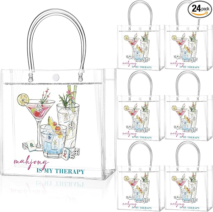 Teenyyou 24 Pcs Mahjong Cocktail Party Favor Bags Mahjong Is My Therapy PVC Gift Bags with Handles Mojito Reusable Transparent Goodie Container for Bachelorette, Bridal Shower, Birthday Party Favors