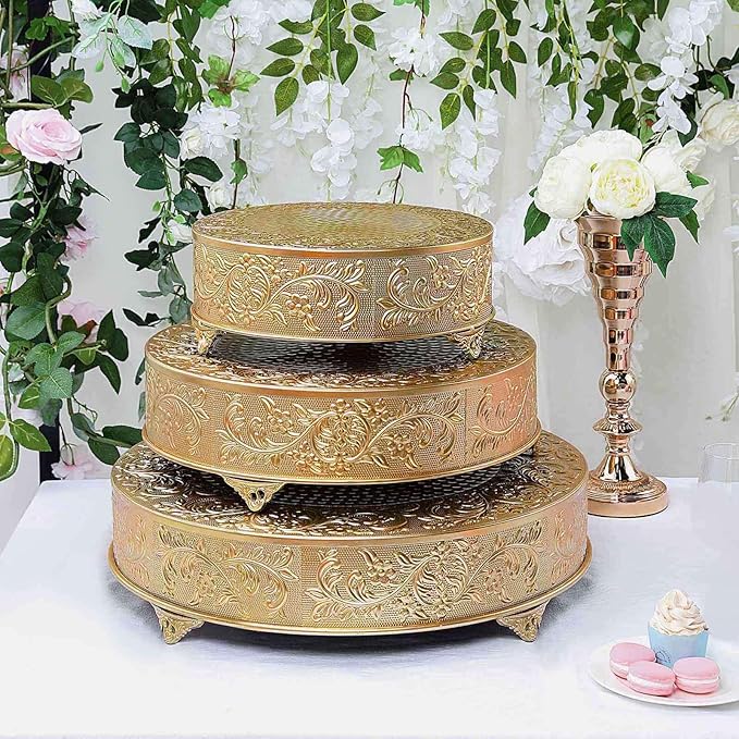 Efavormart 14" Gold Round Embossed Metal Cake Plateau Stand, Cake Riser for Holiday & Birthday Party Decor