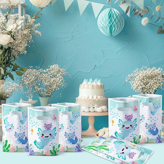 3sscha 50Pcs Blue Axolotl Party Favor Bags - Amphibian Themed Waterproof Goodie Bag with Die Cut Handles Reptile Animals Water Plants Plastic Gift Pack for Kids Birthday Baby Shower Decors Supplies