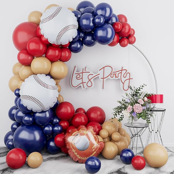 Baseball Balloons Arch Garland Kit-Baseball Glove Balloon Blue Red Nude Balloon 125Pcs for Boy Birthday,Sport Theme,Gender Reveal,Graduation,Baby Shower Party Decorations.