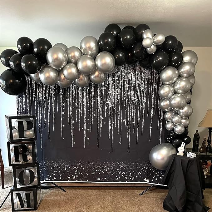 Black and Silver Balloons, 12 Inch Metallic Chrome Black Silver Confetti Latex Helium Balloons for Men Boys Birthday Baby Shower Wedding Engagement Halloween New Year Bachelorette Party Decorations