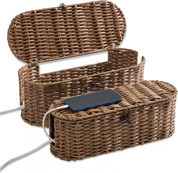 FairyHaus Cable Management Box 2Pack Brown, Handwoven Large and Small Cable Organizer Box Cover to Hide Cords and Power Strip, Imitation Wicker Cord Organizer Box Hider for Office Desk and Floor