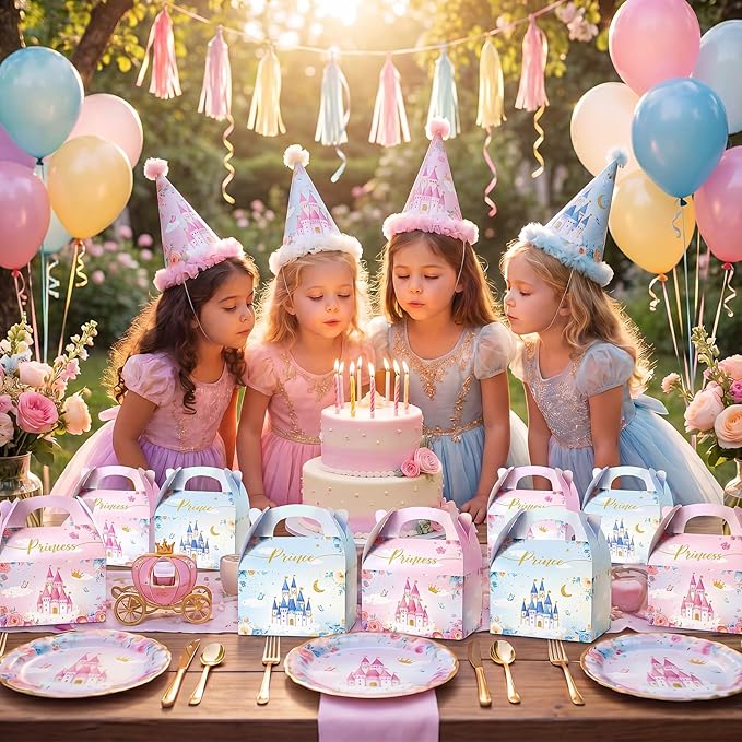 Nezyo Princess and Prince Treat Boxes - Pink & Blue Crown Cardboard Goodie Boxes for Birthday Party Favors(24 Pcs,Prince and Princess)