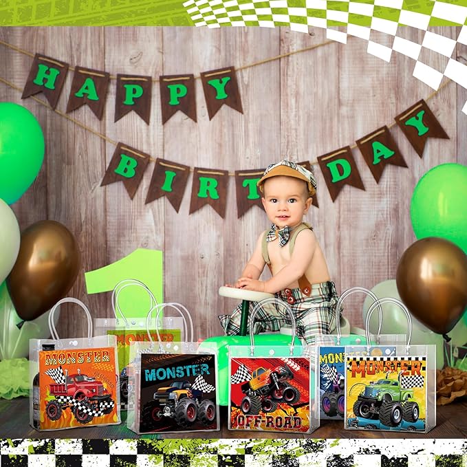 Teenyyou 24 Pcs Truck Party Favor Bags PVC Goodie Treat Tote Clear Gift Bags with Handles Racing Truck Theme Birthday Party Supplies