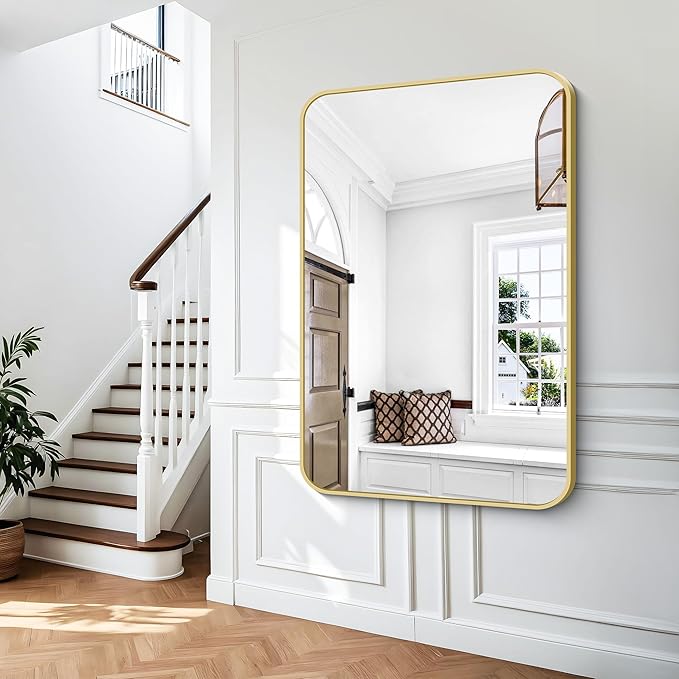 BONEWEI Gold Bathroom Mirror,60x40 inch Wall Mirror for Bathroom Wall Mounted,Round Rectangle Mirror for Bathroom Over Sink,Modern Frame for Home Decor Living Room,Bedroom Entryway,Horizontal/Vertical