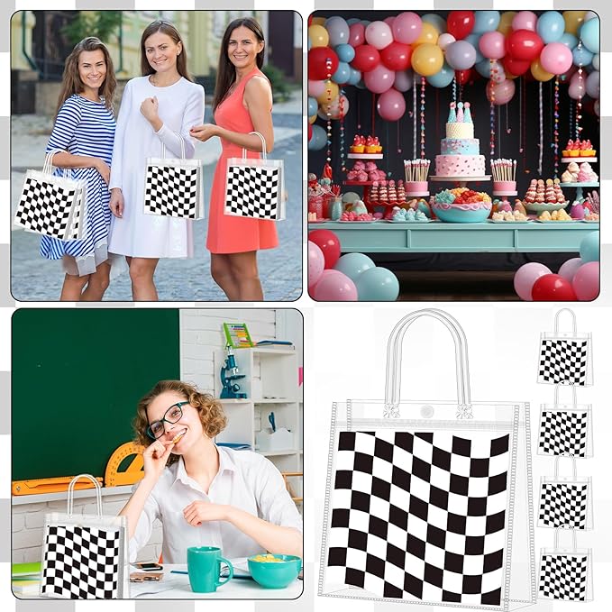Supervitae 36 Pcs Checkered Racing Clear Favor Bags with Handle Reusable Plastic PVC Gift Bag Race Car Goodies Treats Wrap Totes for Birthday Wedding Graduation Party Supplies, 8 x 8 x 3.15 Inch